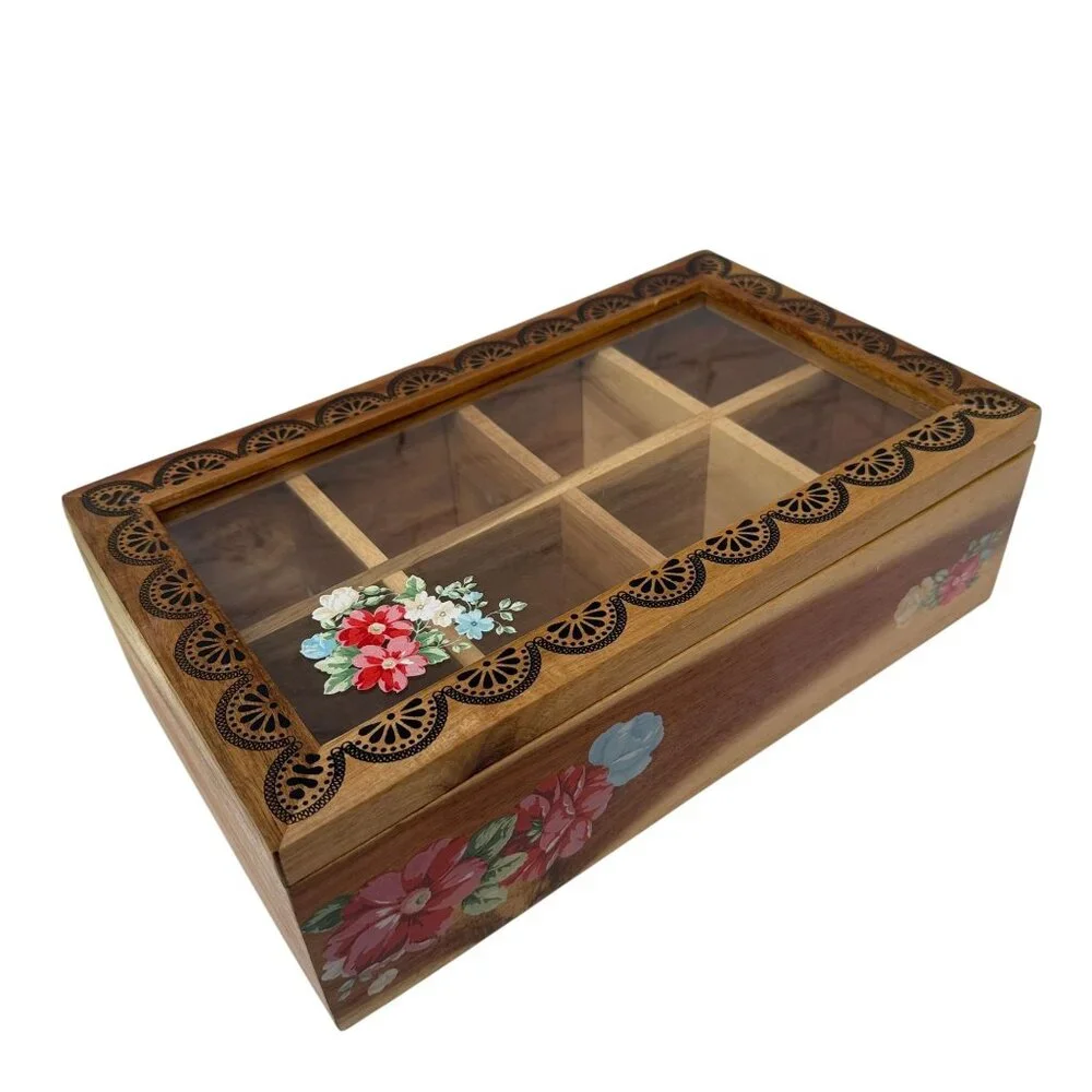 THE PIONEER WOMAN Wooden Tea Box Organizer Country Vintage Floral 8 Compartments - Picture 3 of 16